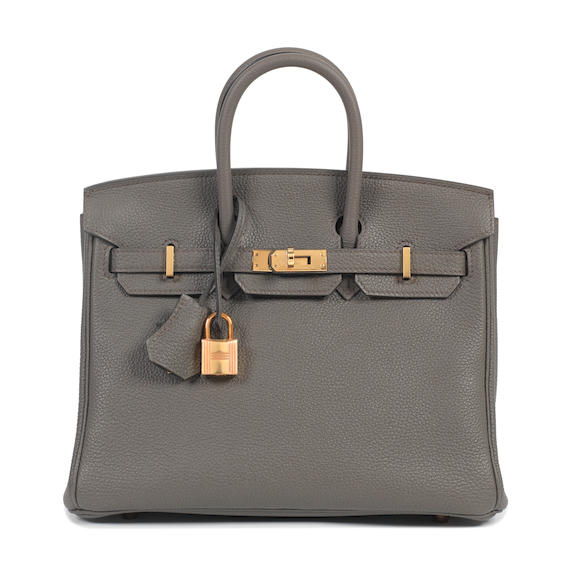 Bonhams : Hermès a Gris Etain Togo Leather Birkin 25 2019 (includes  padlock, keys, cloche, felt protector, rain cover, booklets, dust bags and  box )