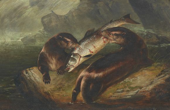 Bonhams : Henry Leonidas Rolfe (British, 1823-1881) Otters with salmon