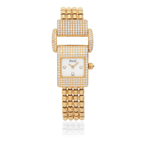 Bonhams : Piaget. A lady's 18K gold diamond set quartz bracelet watch ...