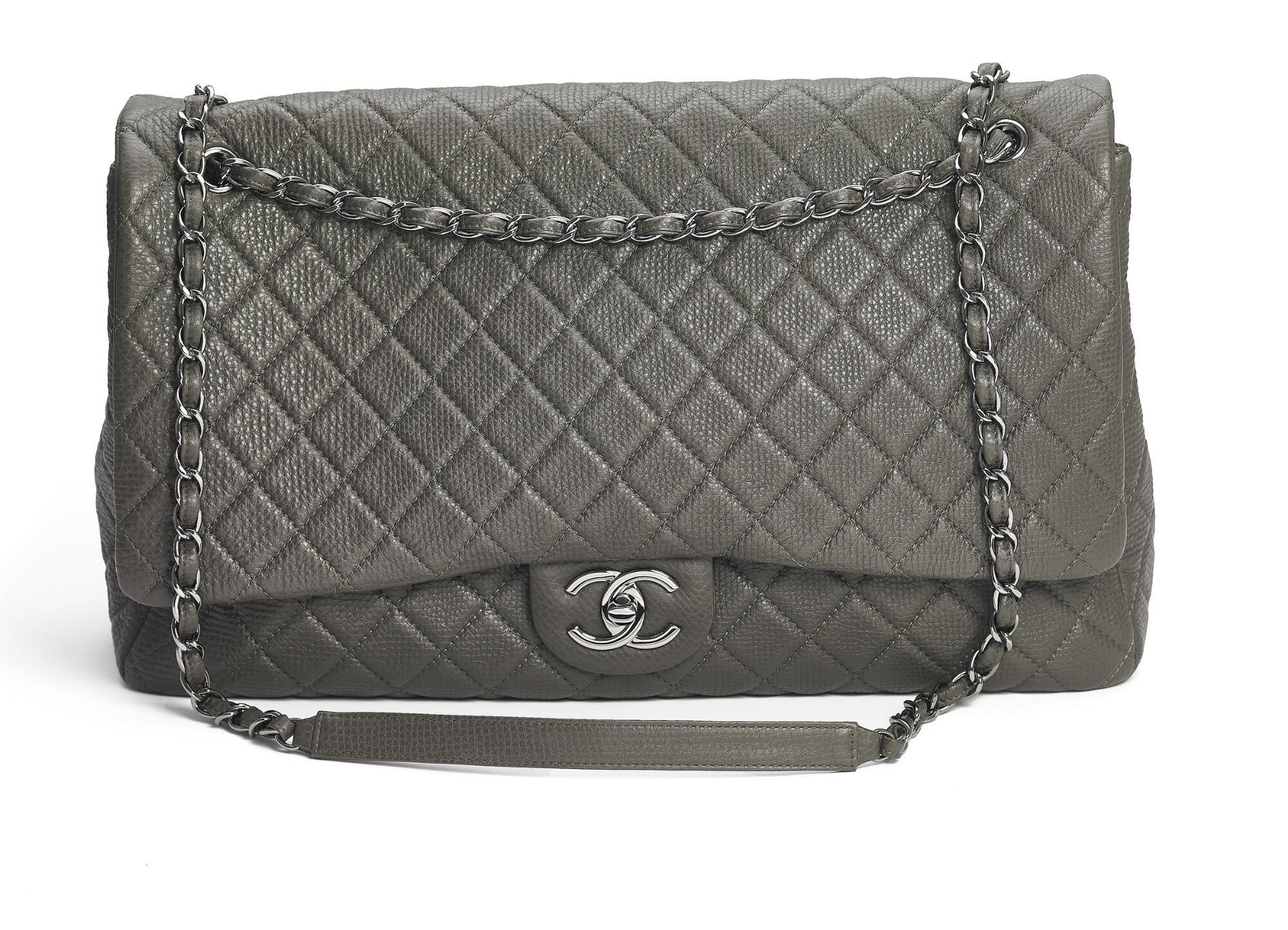 Bonhams : Chanel A Large XXL Classic Bag of dark grey quilted leather with  silver tone hardware and double chain strap.