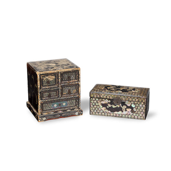 Bonhams : TWO MOTHER-OF-PEARL INLAID BLACK LACQUER BOXES Korea, 19th ...