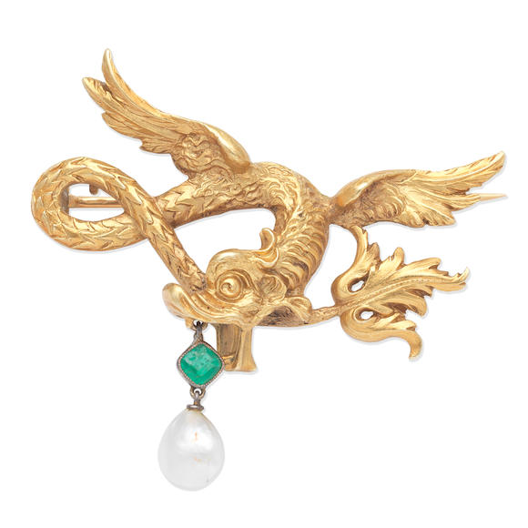 Bonhams : PEARL AND EMERALD-SET DRAGON BROOCH,