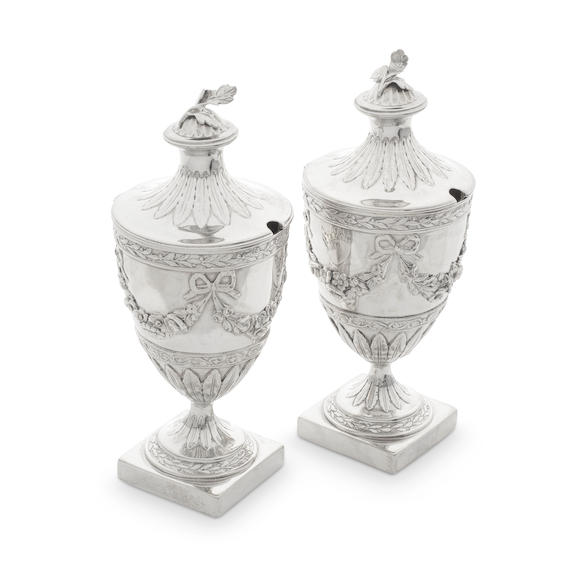 Bonhams : A pair of George III silver Neo Classical condiment vases ...