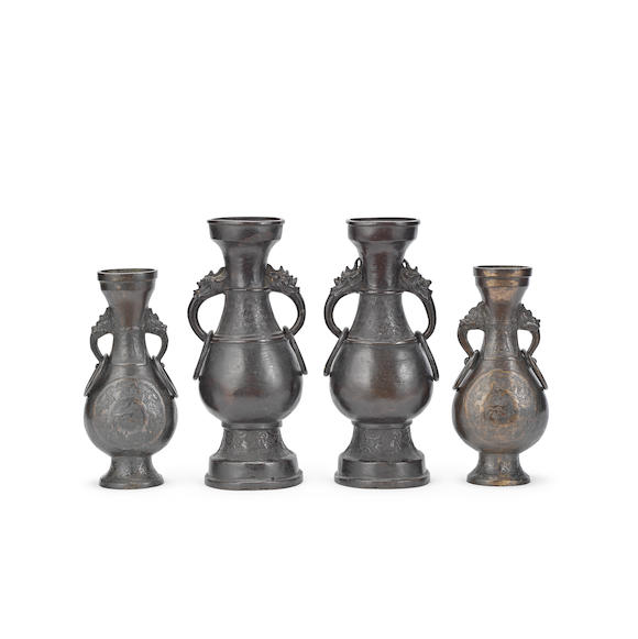 Bonhams : TWO PAIRS OF BRONZE PEAR-SHAPED VASES Yuan Dynasty (4)