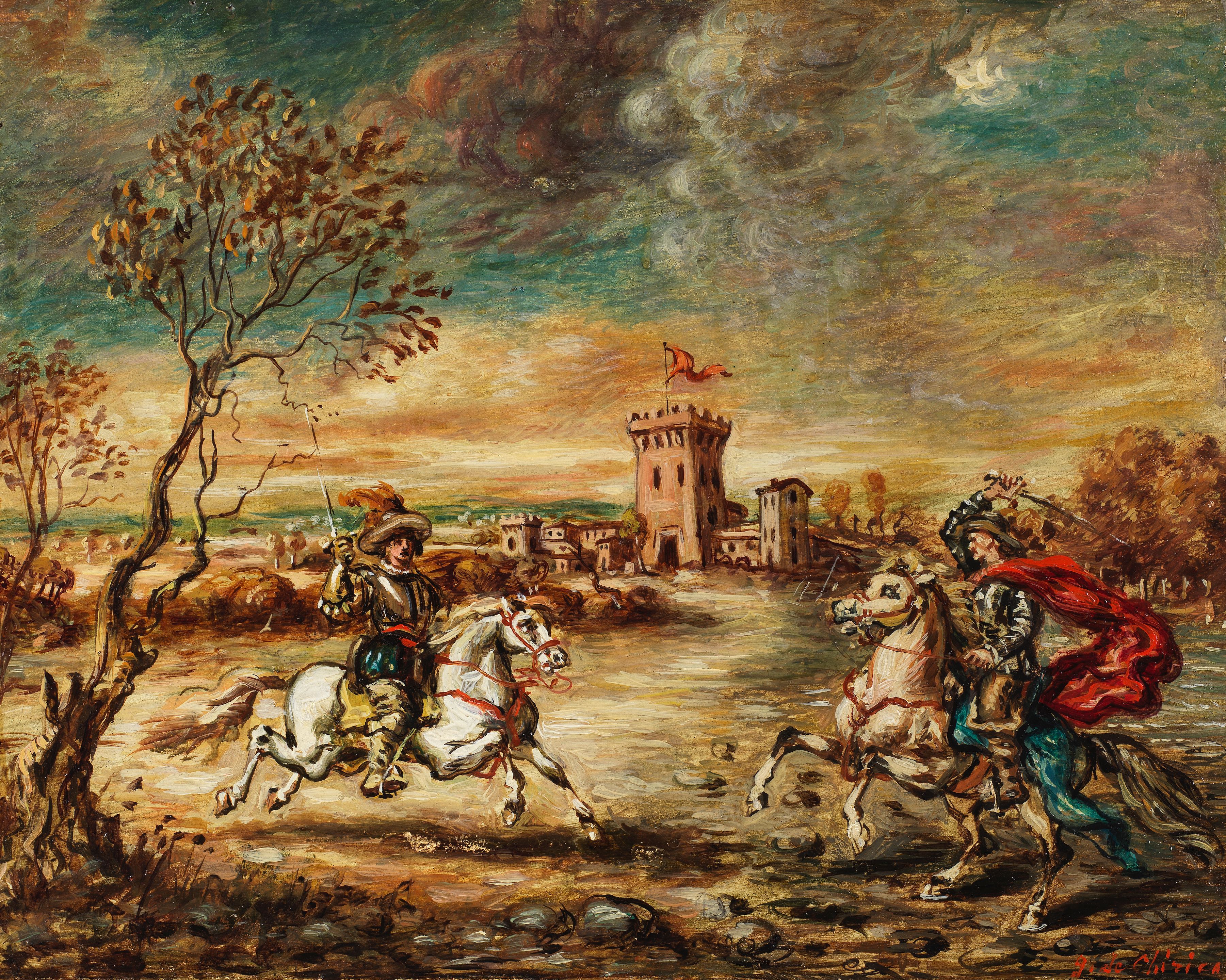 Combattimento di cavalieri nel paesaggio con castello
