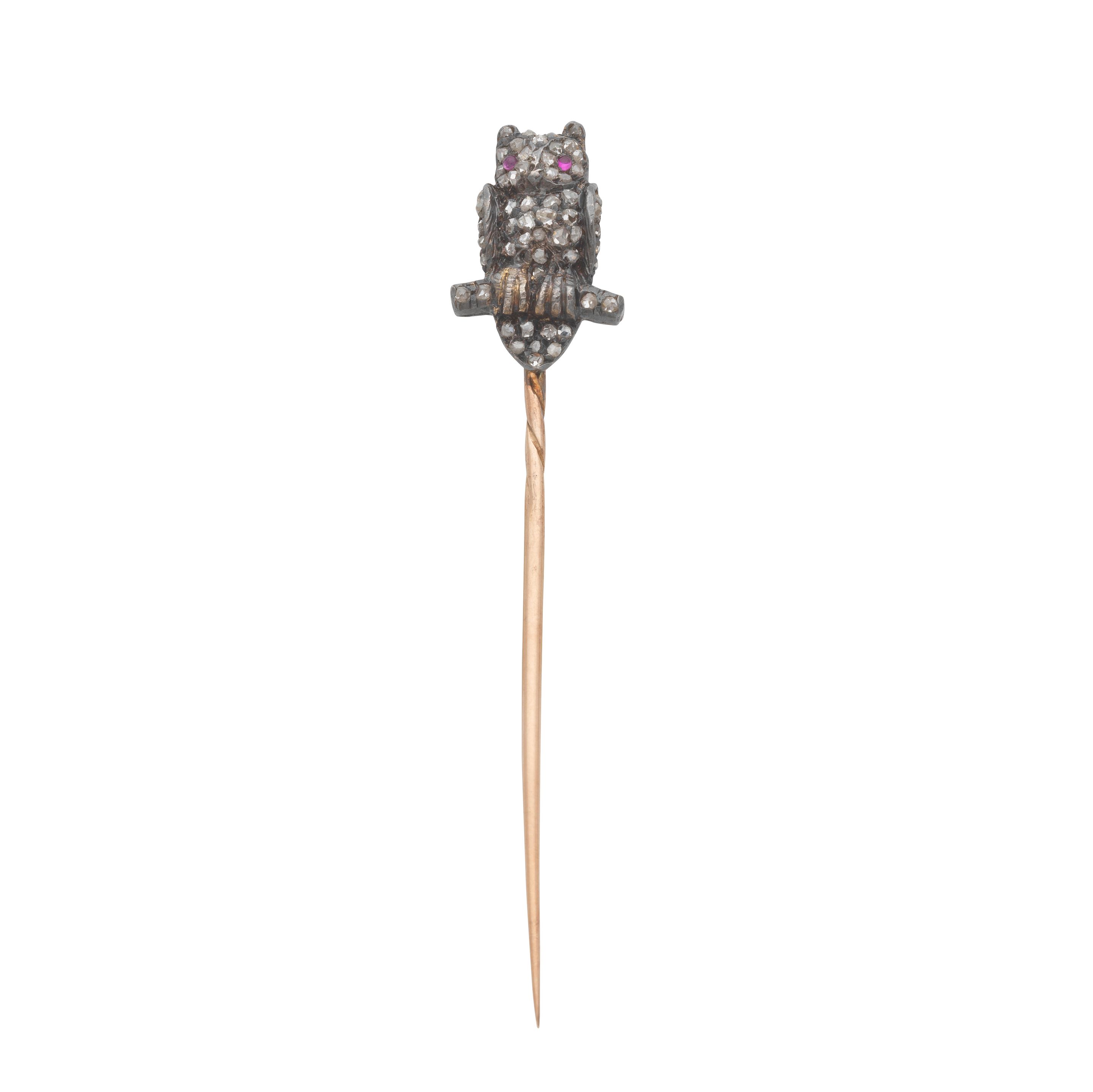 RUBY AND DIAMOND OWL STICK PIN,