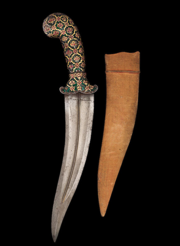 Bonhams : A gem-set enamelled and gold-hilted steel dagger (khanjar ...
