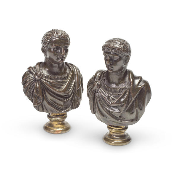 Bonhams : A pair of Italian miniature bronze busts of the Roman ...