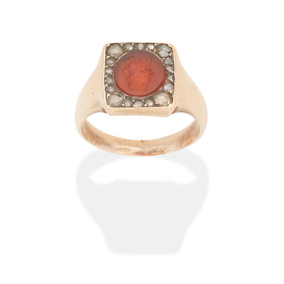 Bonhams : CARNELIAN AND DIAMOND-SET INTAGLIO RING