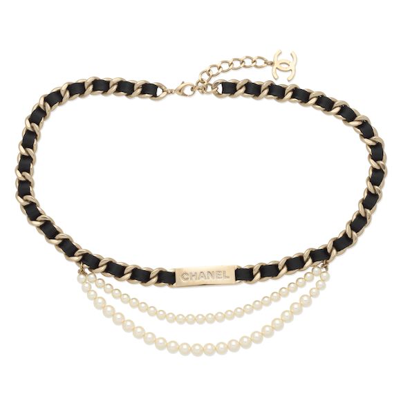 Chanel,  Gold & Black Rope Circle Faux Pearl Chain Belt, Black
