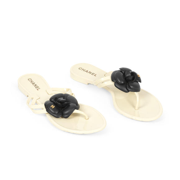 Bonhams : Chanel a Pair of Ivory and Black Jelly Camellia Sandals ...