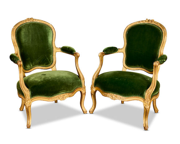 Bonhams : A pair of Louis XV giltwood fauteuils by Georges Jacob