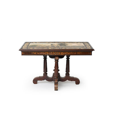 Plateau italien en scagliole attribué à Pietro Della Valle, base en palissandre à incrustations de laiton et étain, XIXe siècleAn Italian scagliola table top attributed to Pietro Della Valle, in a brass and pewter-inlaid rosewood stand, 19th century