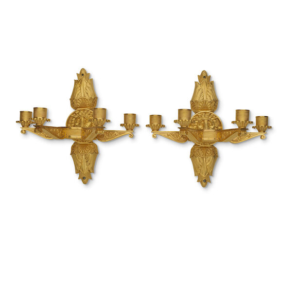 Bonhams : A pair of French gilt bronze four light wall appliques In the ...