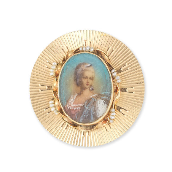 Broche Ancienne Portrait Dame Miniature XIXe Sur Nacre - Argent & Perles - Bijou Vintage