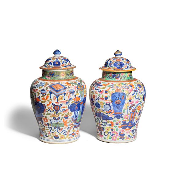 Bonhams : A PAIR OF POLYCHROME ENAMELLED UNDERGLAZE BLUE 'PRECIOUS ...