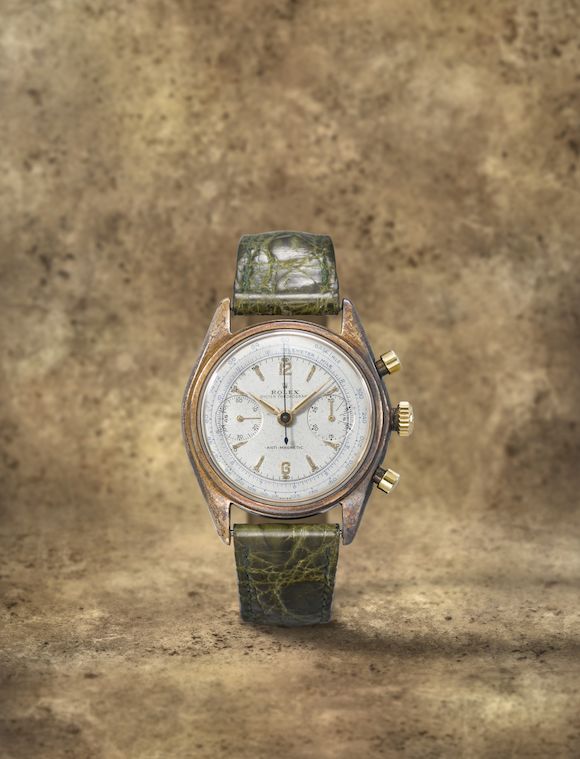 Photo of the documented piece at Bonhams · Photo: Bonhams · © Bonhams, used with permission · Source: https://www.bonhams.com/auction/30667/lot/22/rolex-a-fine-and-rare-9k-gold-manual-wind-chronograph-wristwatch-oyster-chronograph-ref-4500-circa-1947
