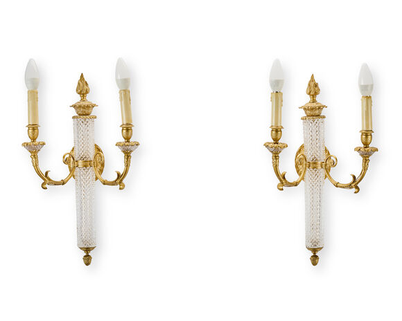 Bonhams : A pair of gilt brass and cut glass twin-light wall appliques ...
