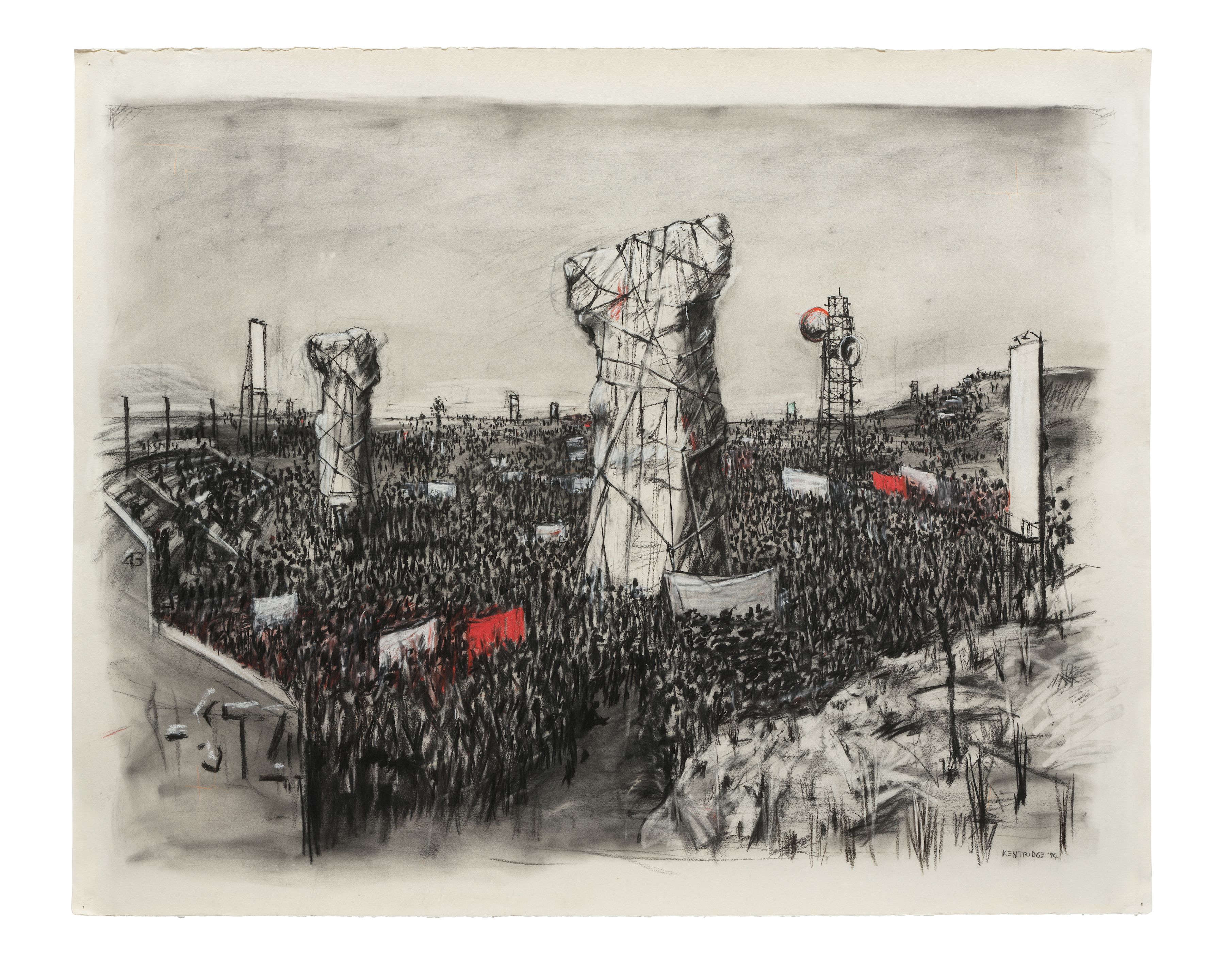 1993 1997 painting ecosystem destruction cigarette african artist Bonhams : William Kentridge (South African, born 1955) Untitled (a drawing  from Mango Groove's 'Another Country'), signed and dated 'Kentridge 1994';  charcoal on paper, 120 x 160cm