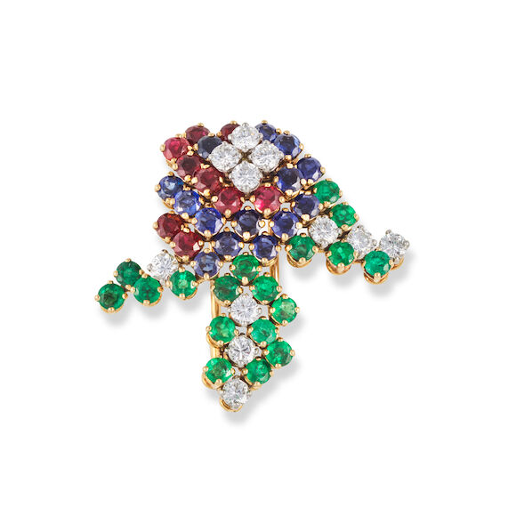 Clip De Revers Vintage En Or 18k Saphirs Synthétiques - Signé Louis Heissler, Style Mauboussin