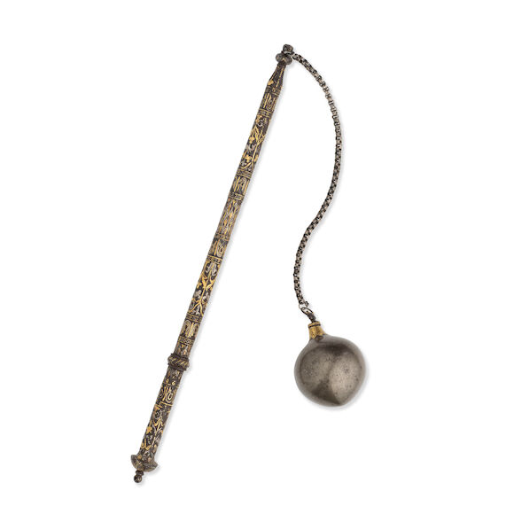 Bonhams : A gold and silver damascened steel flail India and Persia ...