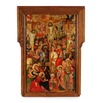 Entourage de Tomás Giner (Zaragoza actif 1458-1480) Christ en croix entre les deux larrons