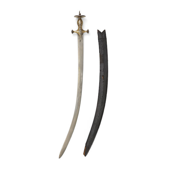 Bonhams : A gold koftgari hilted steel sword (tulwar) with bubri ...