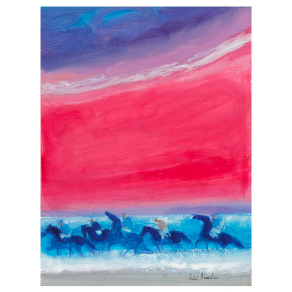 André Brasilier, Rivage au ciel rose, 2012 : cavaliers et chevaux bleus sous un ciel rose.