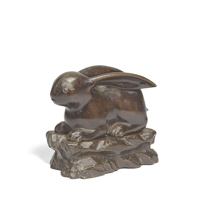 A BRONZE 'RECUMBENT HARE' KORO Edo period, 17th century (3)