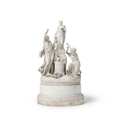 Rare groupe en porcelaine de Meissen (Marcolini) représentant L'Allégorie de l'amitié sur socle, vers 1796 A rare Marcolini Meissen biscuit porcelain group of "Sacrifice for Fidelity" (Allegory of Friendship) on a pedestal, circa 1796