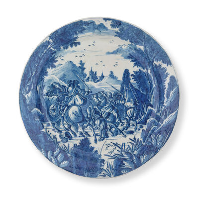 Plat creux en faïence de Delft décoré d'une scène de bataille, XVIIIe siècle A Dutch Delftware charger with battle scene, 18th century