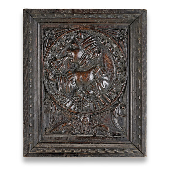 Bonhams : A carved oak panel of jollity Flemish, late 16th century