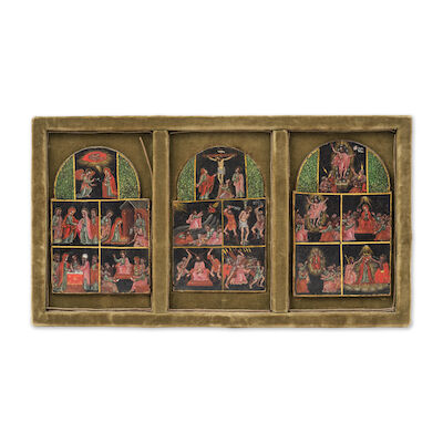 Entourage de Giovanni Maria Scupola (actif à Otrante au XVe siècle) Les Mystères du Rosaire central panel: 16.6 x 10.5cm (6 9/16 x 4 1/8in); left wing 16.2 x 11.4cm (6 3/8 x 4 1/2in) and right wing 17.6 x 11cm (6 15/16 x 4 5/16in).
