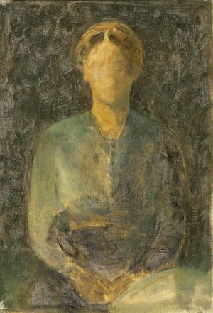 A Lady in a blue dress. Study. C. 1892. Unsigned. On the reverse, inscribed by the artist's wife. Oil on canvas. 41 x 29 cm. "En dame i blå kjole. Studie". A Lady in a blue dress. Study. C. 1892. Unsigned. On the reverse, inscribed by the artist's wife, Ida Hammershøi: "malet af Vilhelm Hammershøi attesteres Ida Hammershøi" (painted by Vilhelm Hammershøi, certified Ida Hammershøi). Oil on canvas. 41 x 29 cm.