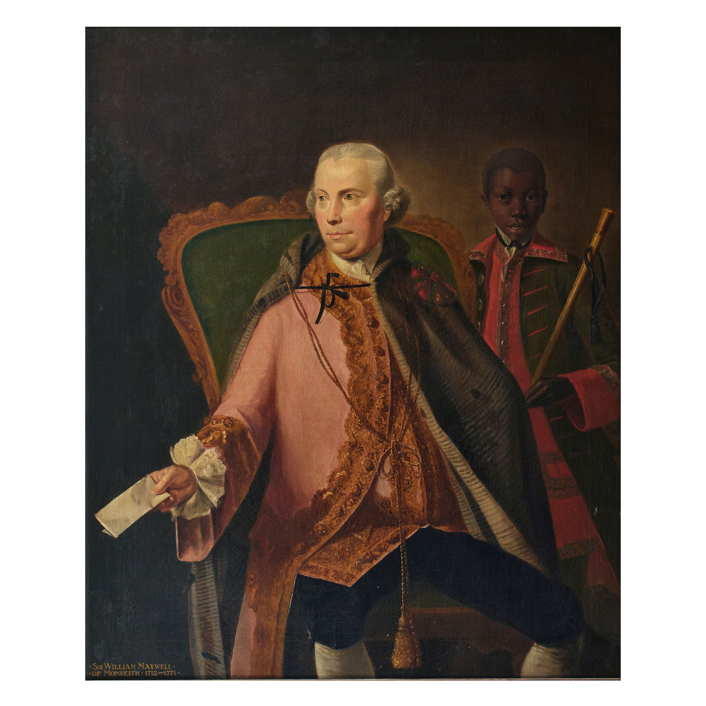 Robert Harvie (Scottish, d.1781) Portrait of Sir William Maxwell, 3rd Bt. of Monreith, , three-quarter length seated, in a pink coat and waistcoat, with a pageboy