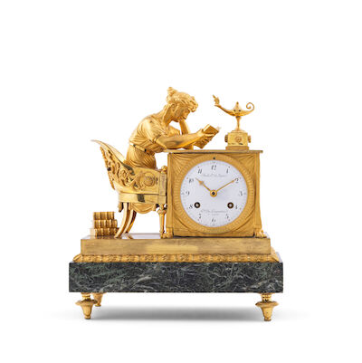 Pendule figurative d'époque Empire représentant 'La Lecture' par BouluA Empire ormolu figural clock emblematic of 'La Lecture' by Boulu Elève de Lepine, Hger. de L'impératrice