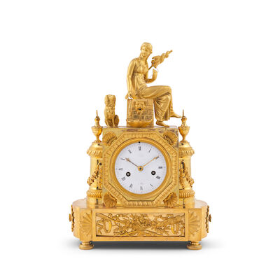 Pendule de cheminée en bronze doré figurant 'La Filandeuse', XIXe siècleA 19th century French gilt bronze mantel clock depicting 'La Filandeuse'