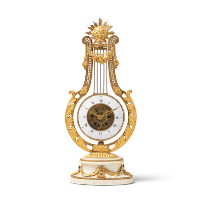 Pendule lyre Louis XVI à mouvement squelette en marbre blanc et bronze doré, fin du XVIIIe siècleA late 18th century Louis XVI ormolu and white marble lyre clock with skeletonised movement Festeau LeJeune