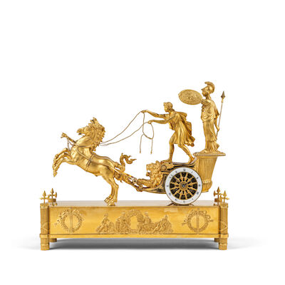 Pendule de cheminée d'époque Empire en bronze doréA 19th century Empire gilt bronze mantel clock Armingaud Laine A