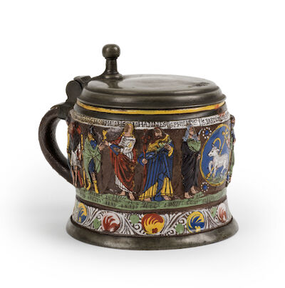 Chope (Apostelkrug) en grès de Creussen monté en étain, vers 1660 A pewter-mounted Creussen tankard (Apostelkrug), circa 1660