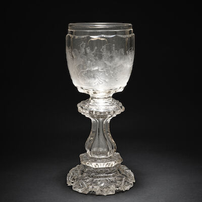 Magnifique gobelet en verre taillé, Bohémie, signé par August Böhm, Meistersdorf, vers 1840 A magnificent Bohemian engraved goblet signed by August Böhm, Meistersdorf, circa 1840