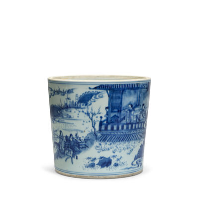 A BLUE AND WHITE 'LADY PLAYING FLUTE' BRUSHPOT, BITONG Chongzhen