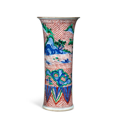 A WUCAI 'FISH-SCALE'-GROUND 'LANDSCAPE AND ROCKWORK' SLEEVE VASE, GU Shunzhi