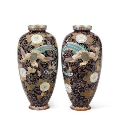 A PAIR OF CLOISONNÉ ENAMEL 'PHOENIX AND CHRYSANTHEMUM' VASES By Gonda Hirosuke (1865-1937), Meiji period (2)