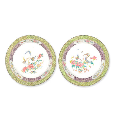A PAIR OF PAINTED ENAMEL 'BUTTERFLIES AND FLOWERS' DISHES 18th century (2)