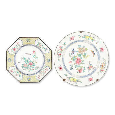 TWO PAINTED ENAMEL 'BUTTERFLIES AND FLOWERS' DISHES 18th century (2)