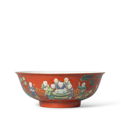A CORAL-GROUND FAMILLE VERTE AND GILT-DECORATED 'BOYS' BOWL Daoguang six-character mark, 20th century