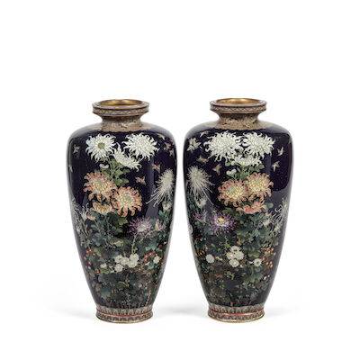 A PAIR OF MIDNIGHT-BLUE GROUND CLOISONNÉ ENAMEL FLORAL VASES Meiji period (2)