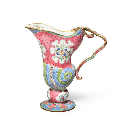 A RUBY-GROUND PAINTED ENAMEL BARBER'S JUG Qianlong
