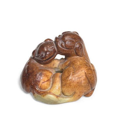 A PALE GREEN AND RUSSET JADE 'LIONS' GROUP Qing Dynasty (2)